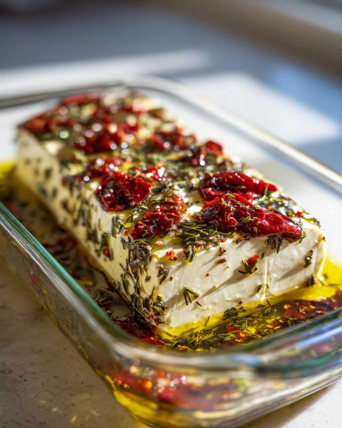 A block of creamy marinated cheese soaking in olive oil with sun-dried tomatoes and herbs.