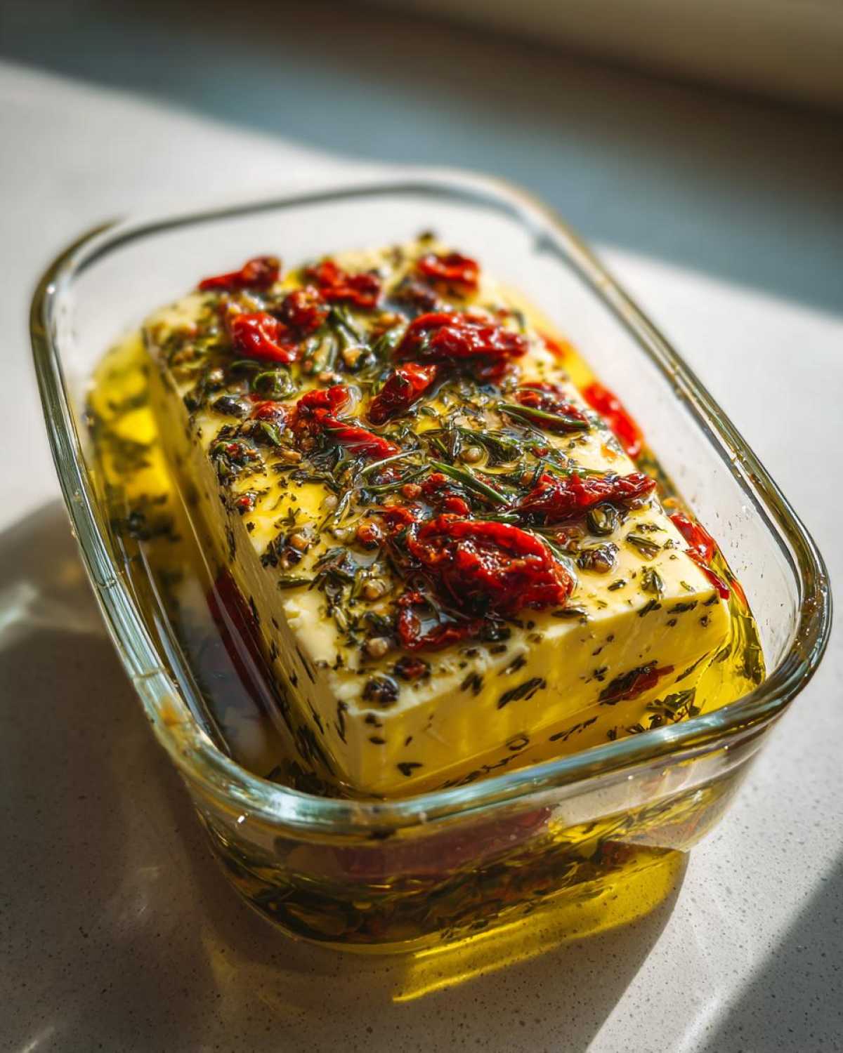 A block of yellow marinated cheese soaking in olive oil, topped with herbs and sun-dried tomatoes.