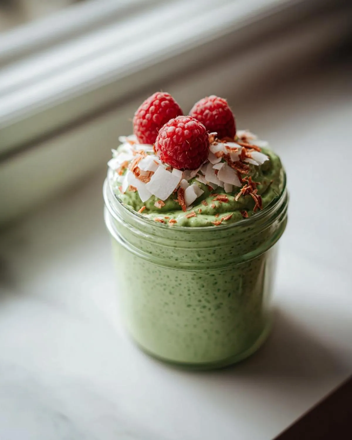 Close-up of creamy green matcha chia pudding topped with fresh raspberries and coconut flakes.