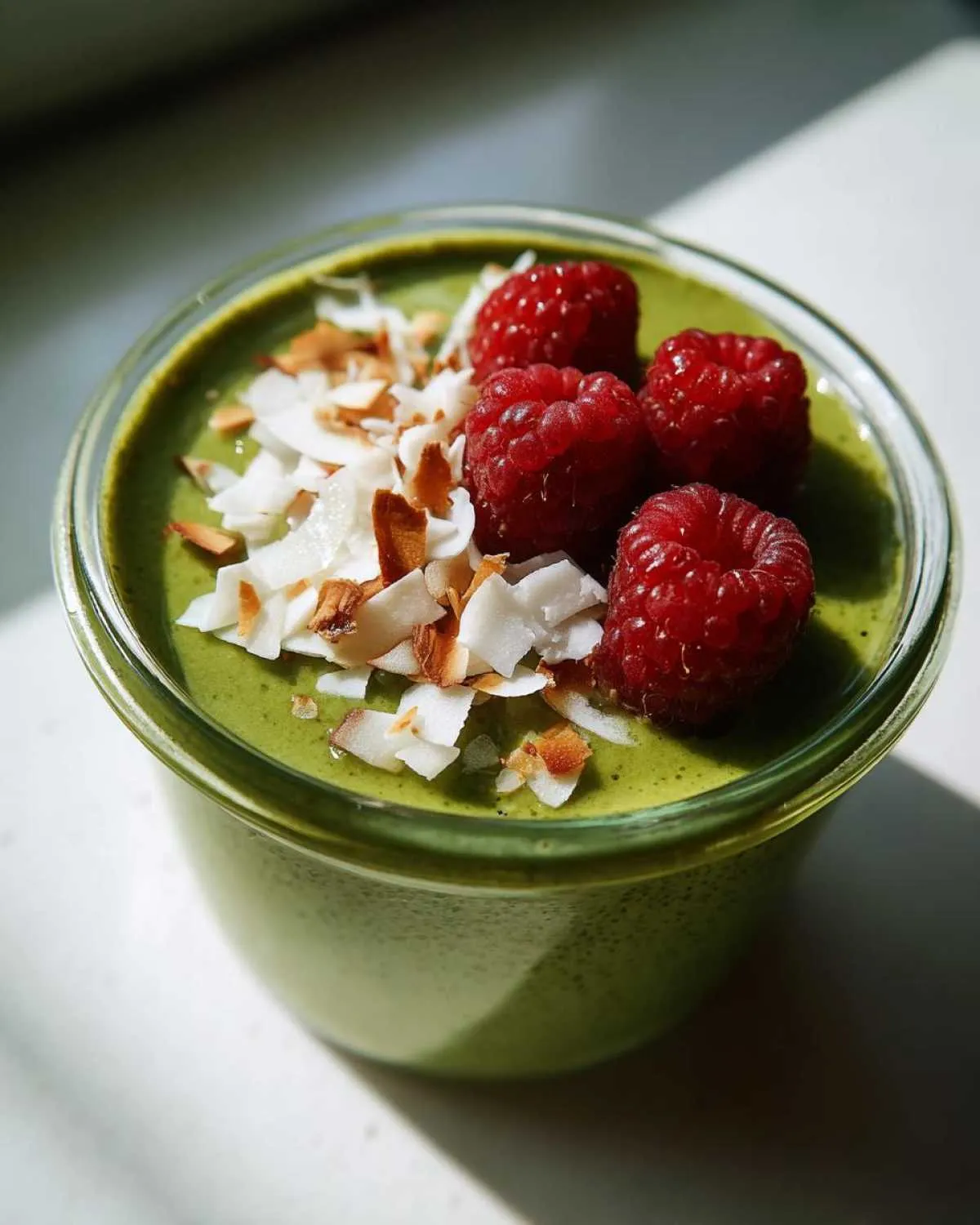 Close-up of bright green matcha chia pudding topped with fresh raspberries and toasted coconut flakes.