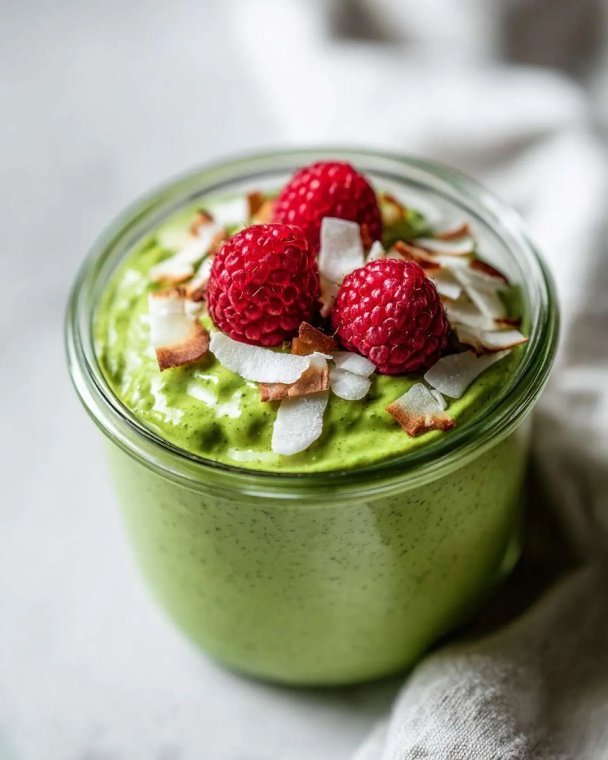 Close-up of bright green matcha chia pudding topped with fresh raspberries and toasted coconut flakes.