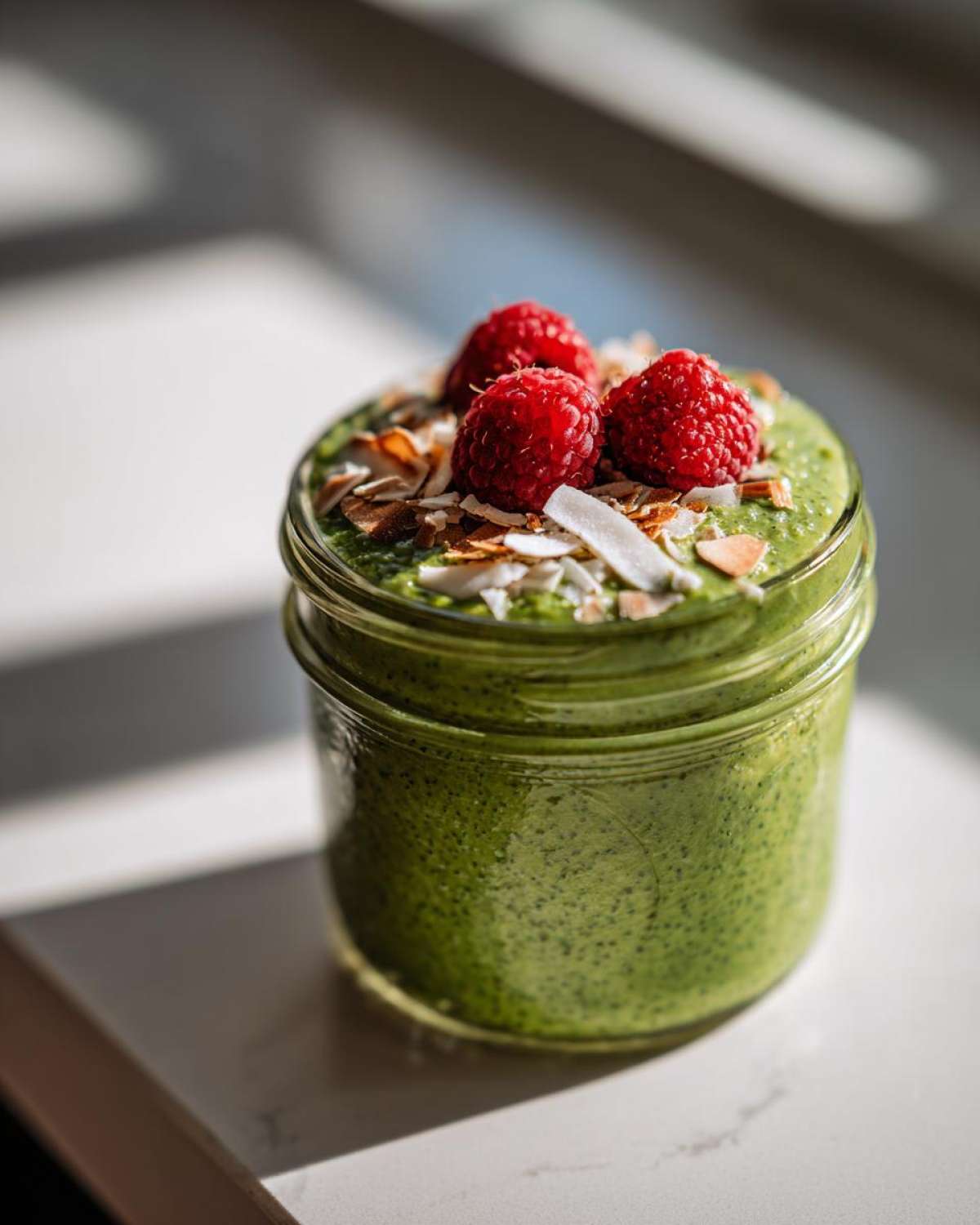 A vibrant green matcha chia pudding in a glass jar, topped with fresh raspberries and toasted coconut flakes.