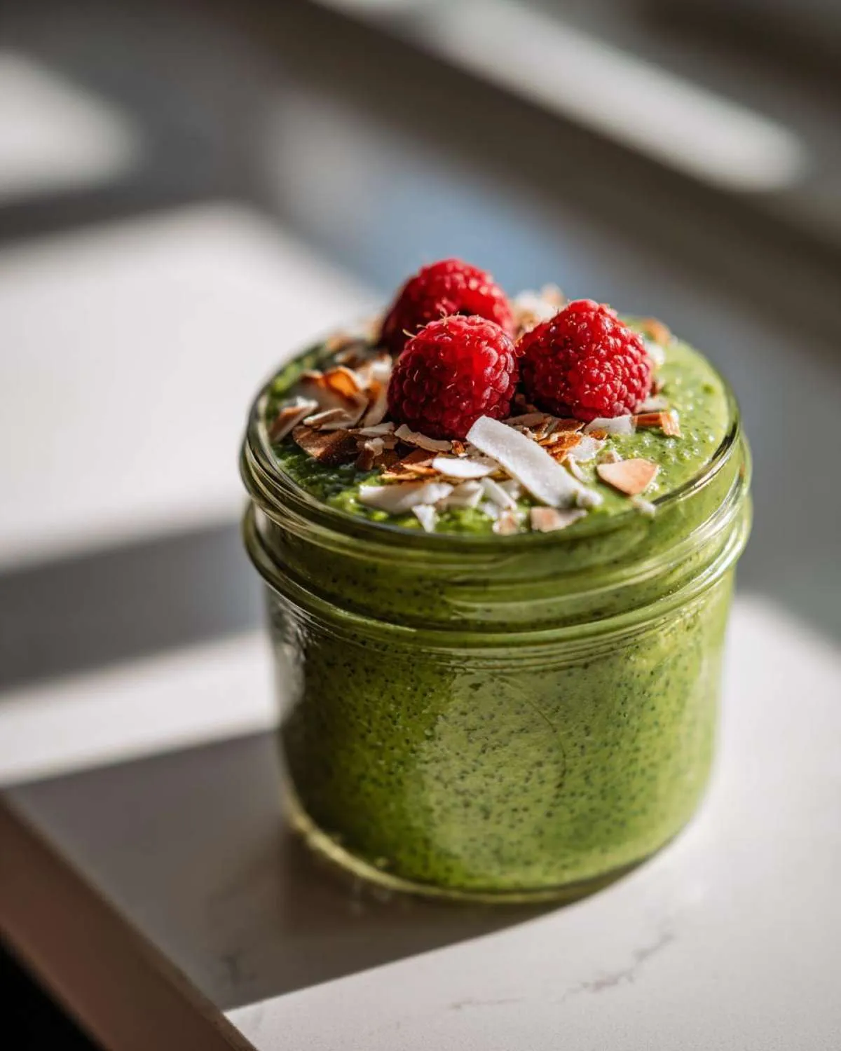 A vibrant green matcha chia pudding in a glass jar, topped with fresh raspberries and toasted coconut flakes.