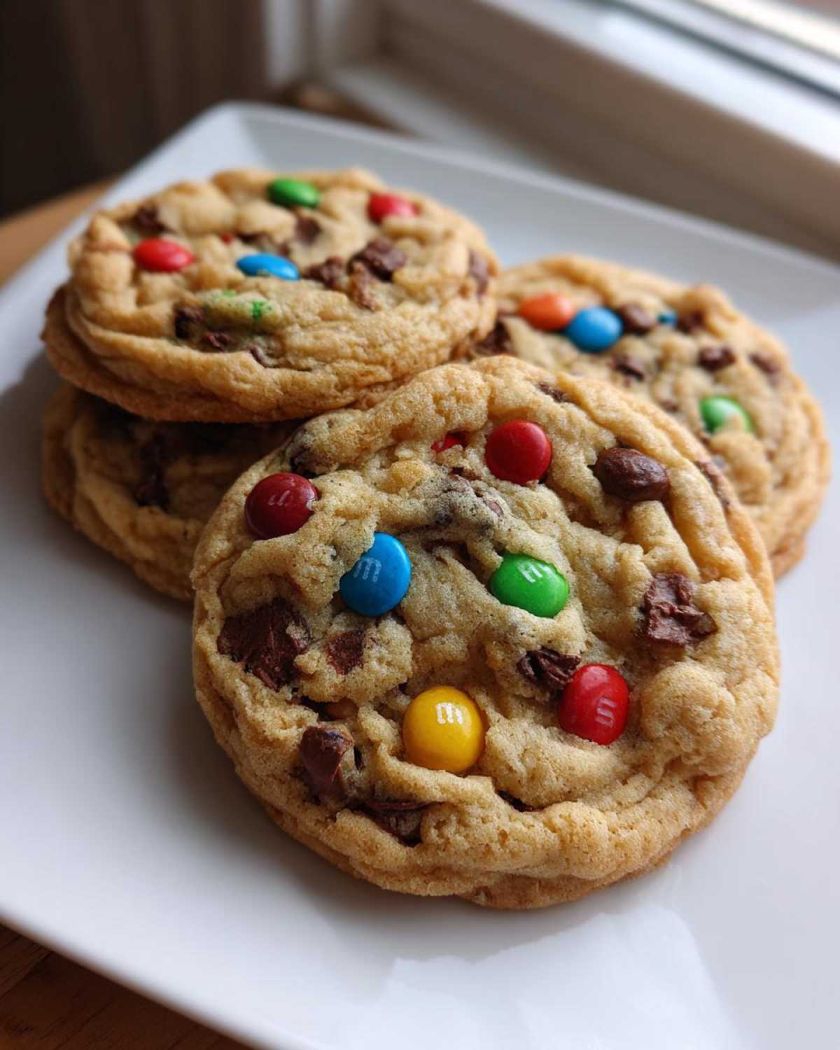 Close-up of several soft, thick M&M cookies loaded with chocolate chips, sitting on a white plate.