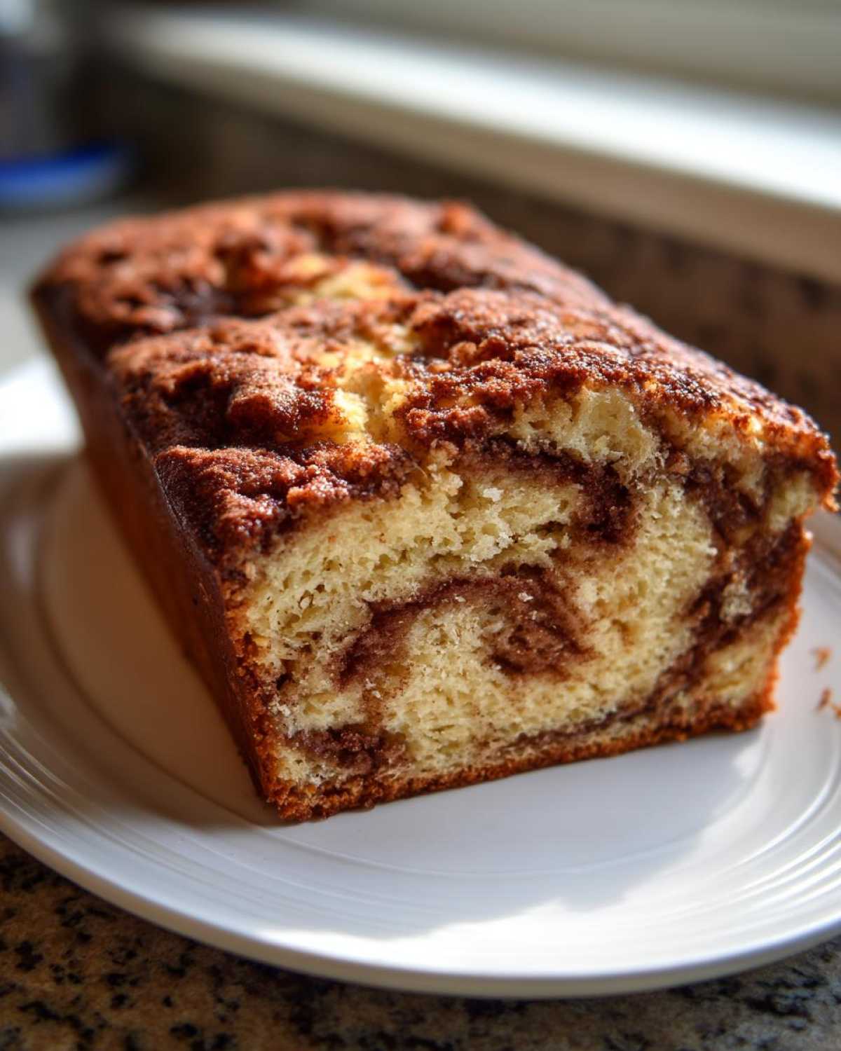 Close-up of a loaf of moist apple bread featuring a rich cinnamon swirl and crumb topping.