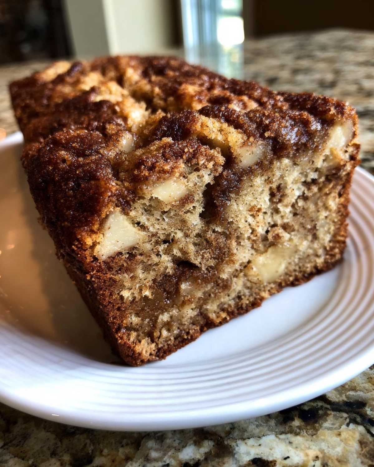 Close-up of a moist slice of apple bread showing chunks of apple and a dark cinnamon streusel topping.
