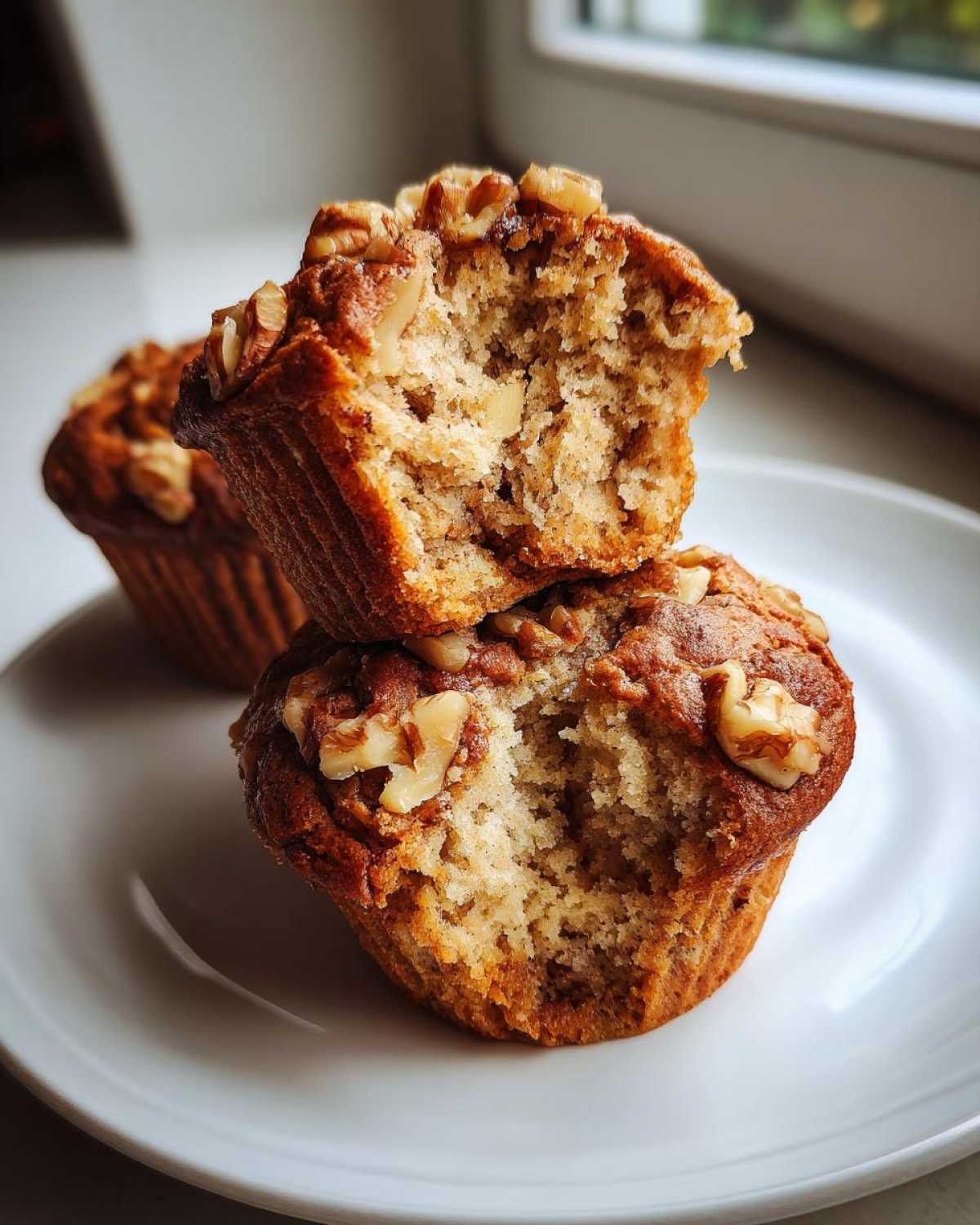Close-up of moist banana nut muffins stacked, one cut in half revealing the soft interior and walnuts.