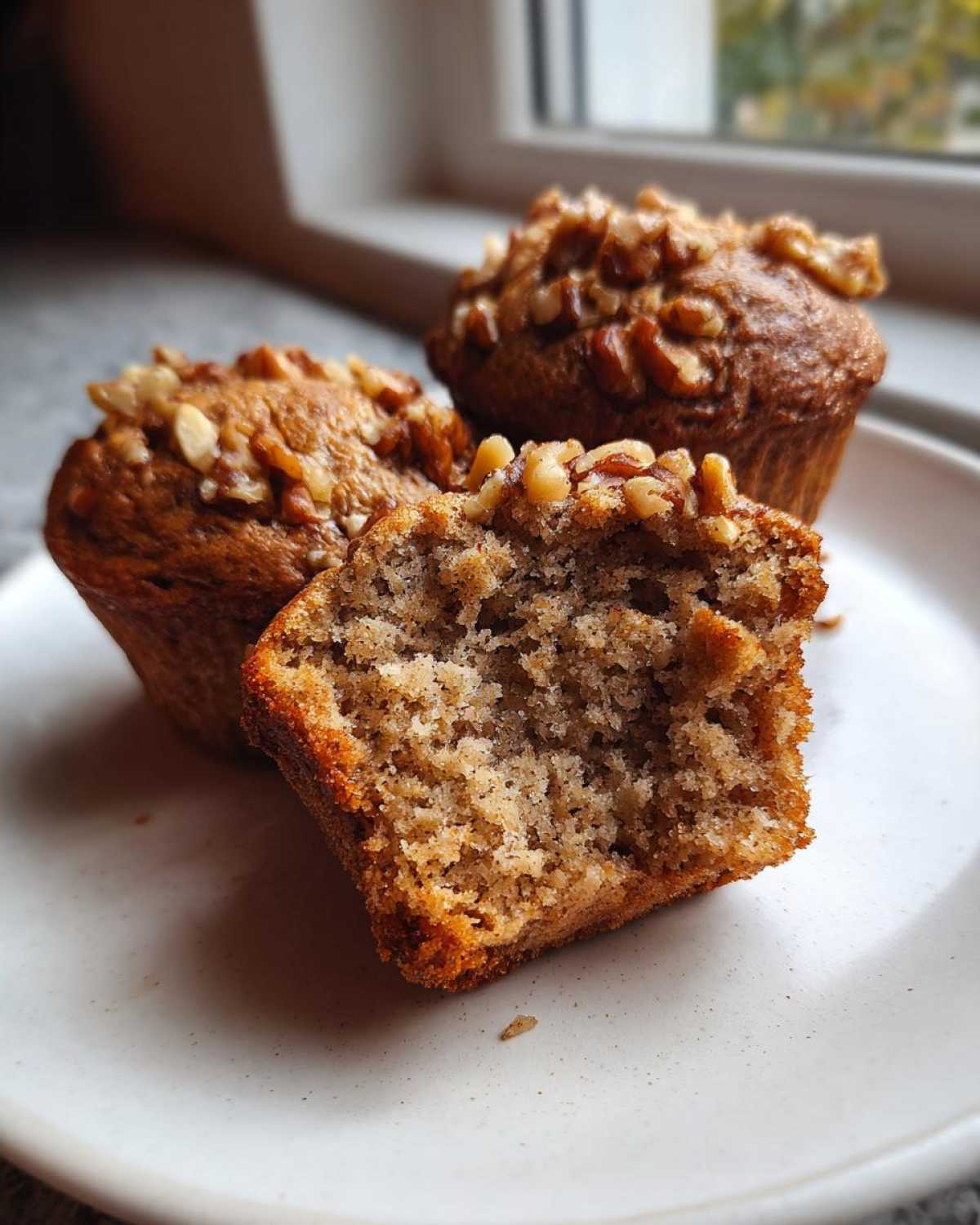 Close-up of moist banana nut muffins, one cut open showing the crumb texture, topped with walnuts.