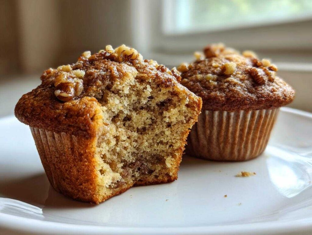 Close-up of a moist banana nut muffin, one half-eaten, showing the crumb texture and walnut topping.