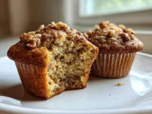Close-up of a moist banana nut muffin, one half-eaten, showing the crumb texture and walnut topping.
