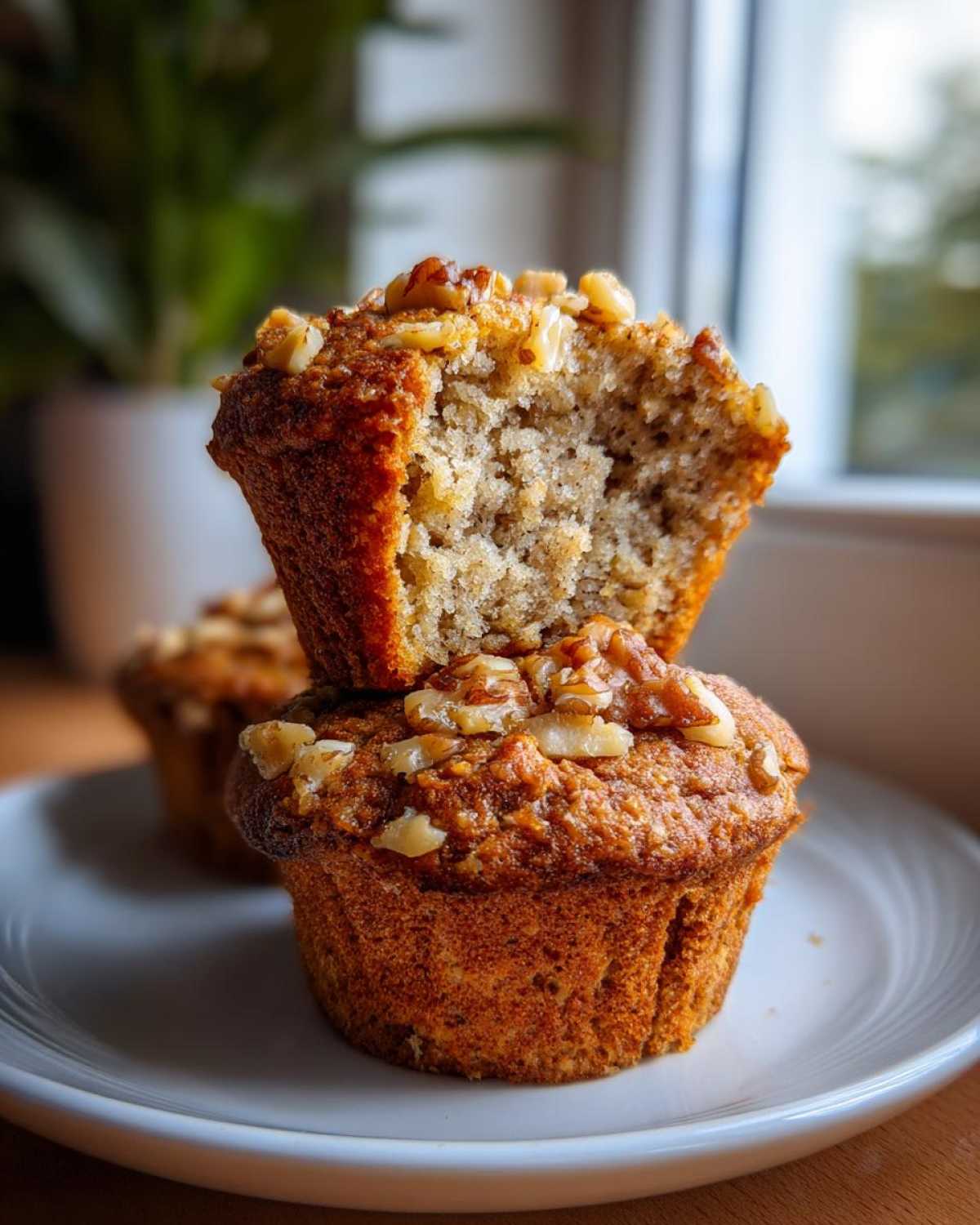 Close-up of two banana nut muffins stacked, showing the moist interior and crunchy walnut topping.