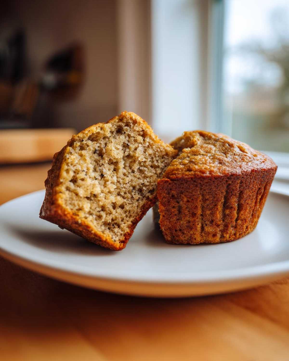 A banana oatmeal muffin cut in half showing the moist, textured interior on a white plate.
