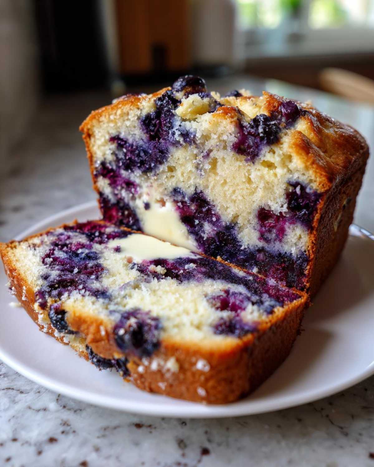 Close-up of moist blueberry bread sliced, showing a pat of melting butter on the interior.