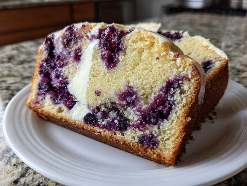 Close-up of a moist slice of blueberry bread showing a dense crumb packed with purple blueberries and a white glaze.