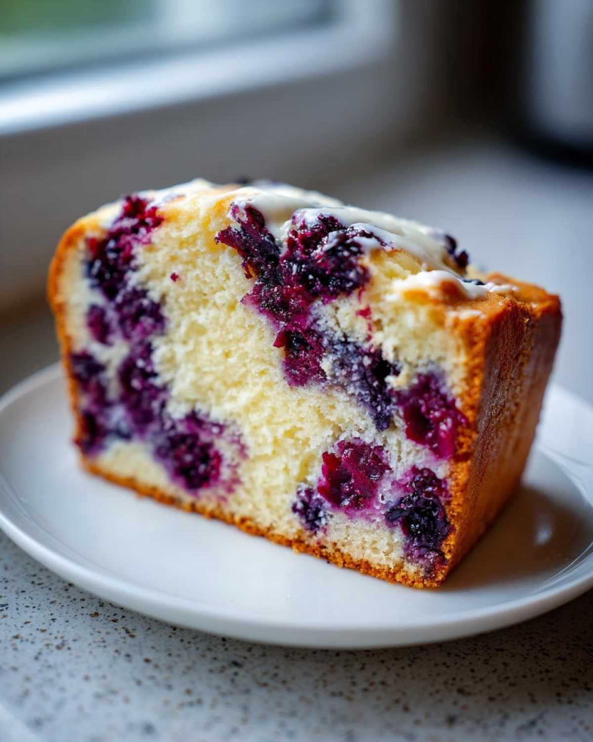 Close-up of a moist slice of blueberry bread, studded with purple berries and topped with white glaze.
