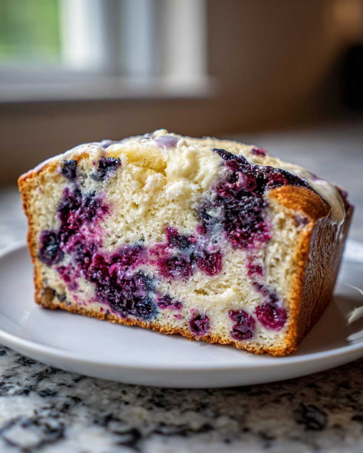 Close-up of a moist slice of blueberry bread showing vibrant purple berries baked into the light crumb.