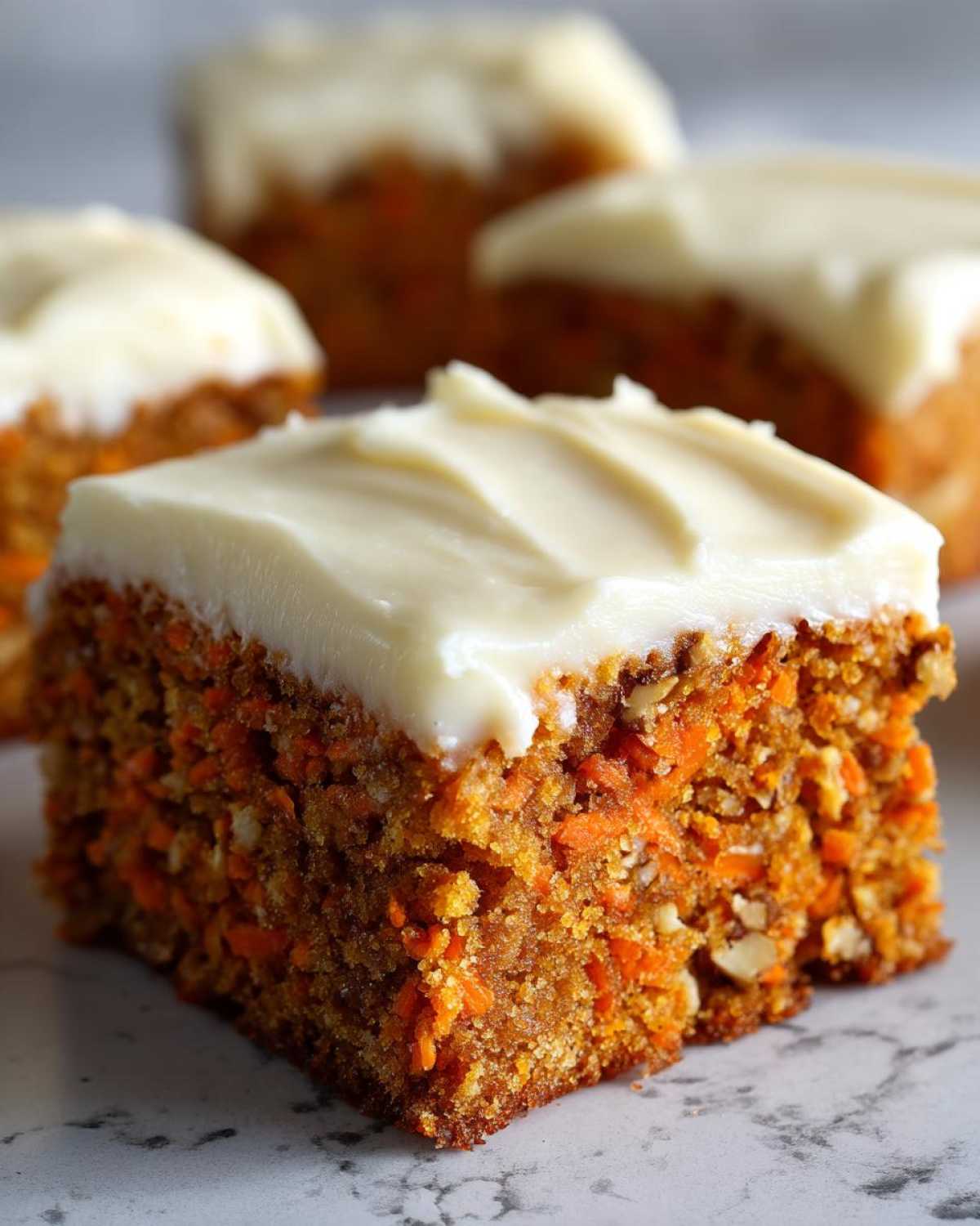 A close-up view of a thick, moist slice of carrot cake bars topped with creamy white frosting.