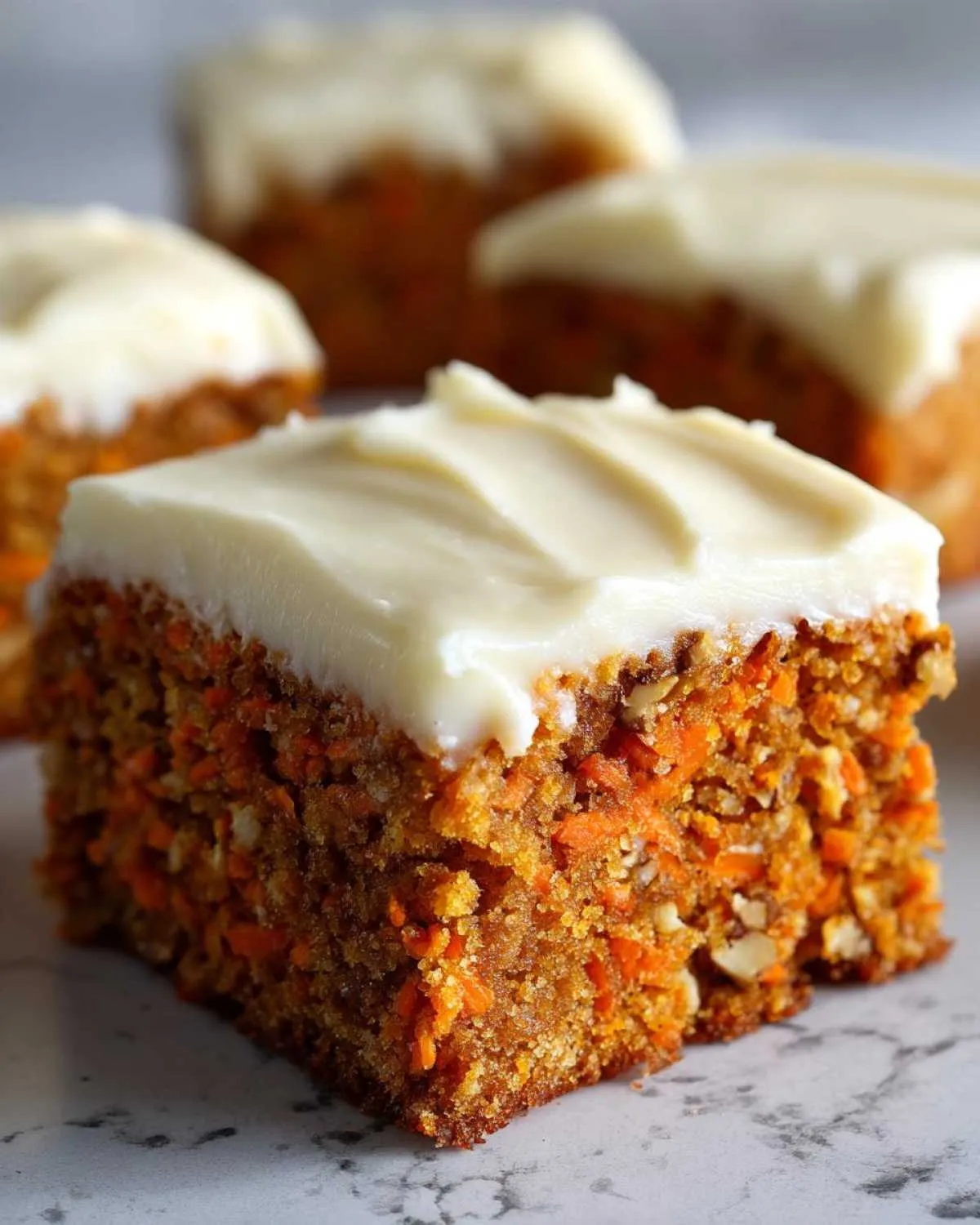A close-up view of a thick, moist slice of carrot cake bars topped with creamy white frosting.