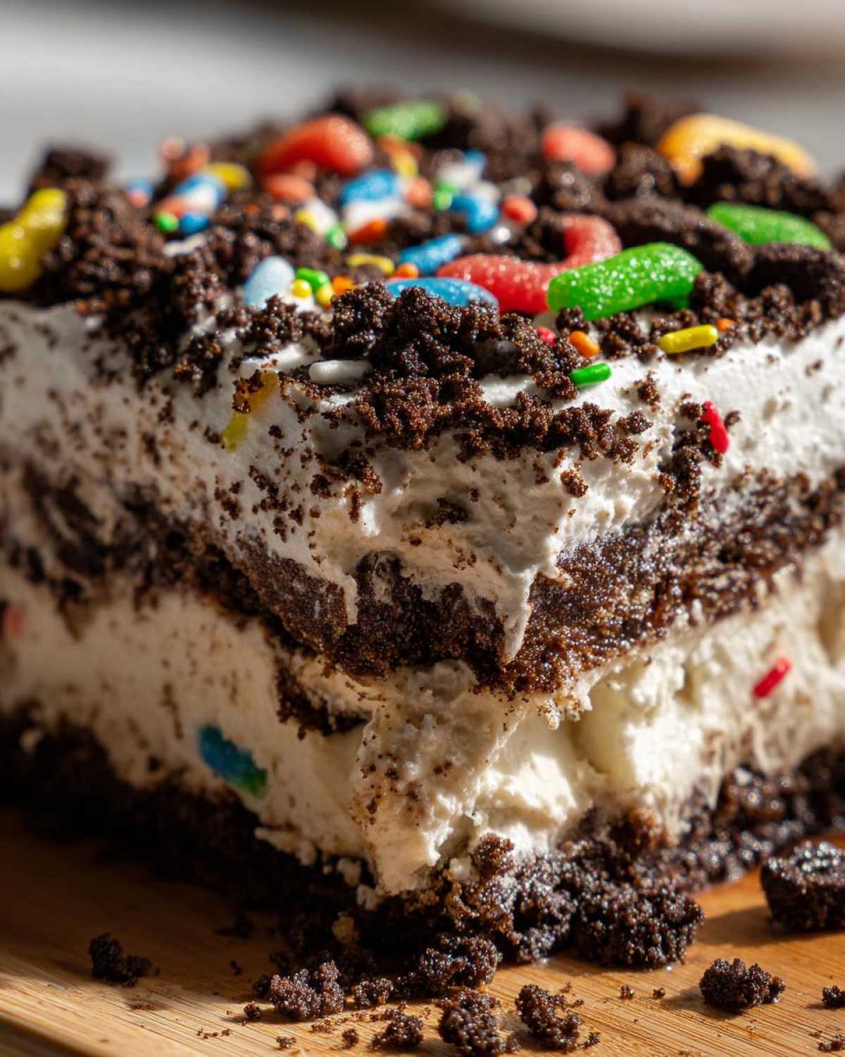 A close-up cross-section of a rich, layered dirt cake showing creamy filling, crushed chocolate cookies, and colorful candy worms/sprinkles.