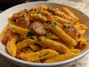 Close-up of creamy, orange-sauced kielbasa pasta with penne noodles and garnished with parsley.