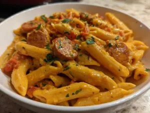 Close-up of creamy, orange-sauced kielbasa pasta with penne noodles and garnished with parsley.