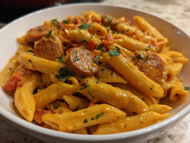 Close-up of creamy, orange-sauced kielbasa pasta with penne noodles and garnished with parsley.