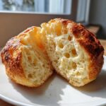 Close-up of a golden-brown english muffin split open, revealing many characteristic nooks and crannies inside.