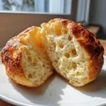 Close-up of a golden-brown english muffin split open, revealing many characteristic nooks and crannies inside.