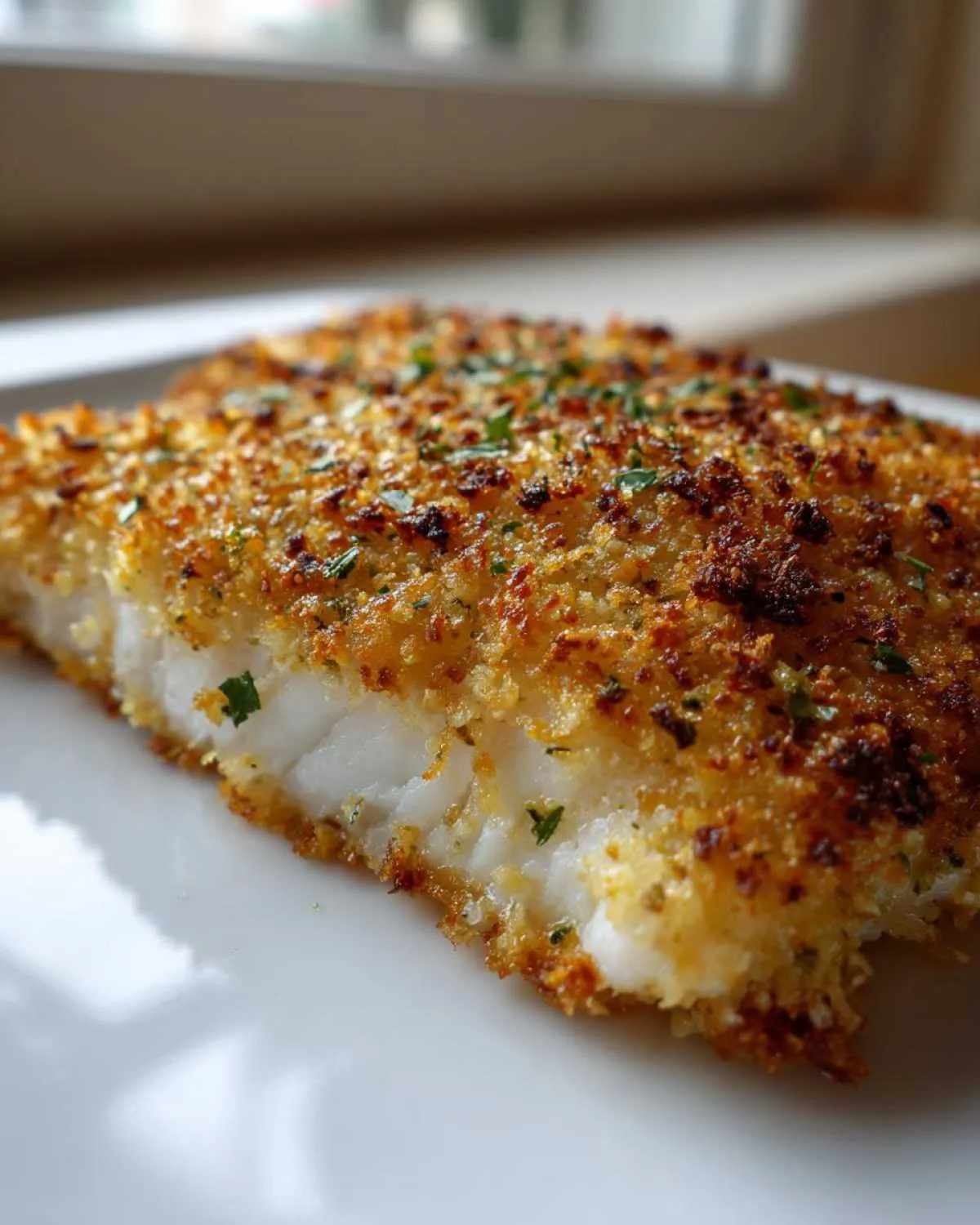 Close-up of a perfectly cooked parmesan crusted tilapia fillet showing flaky white fish and golden brown topping.