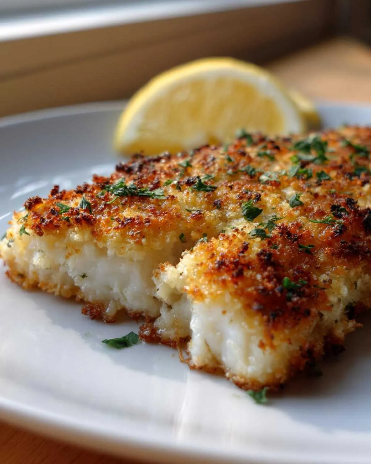 Close-up of flaky parmesan crusted tilapia, garnished with parsley and served with a lemon wedge.