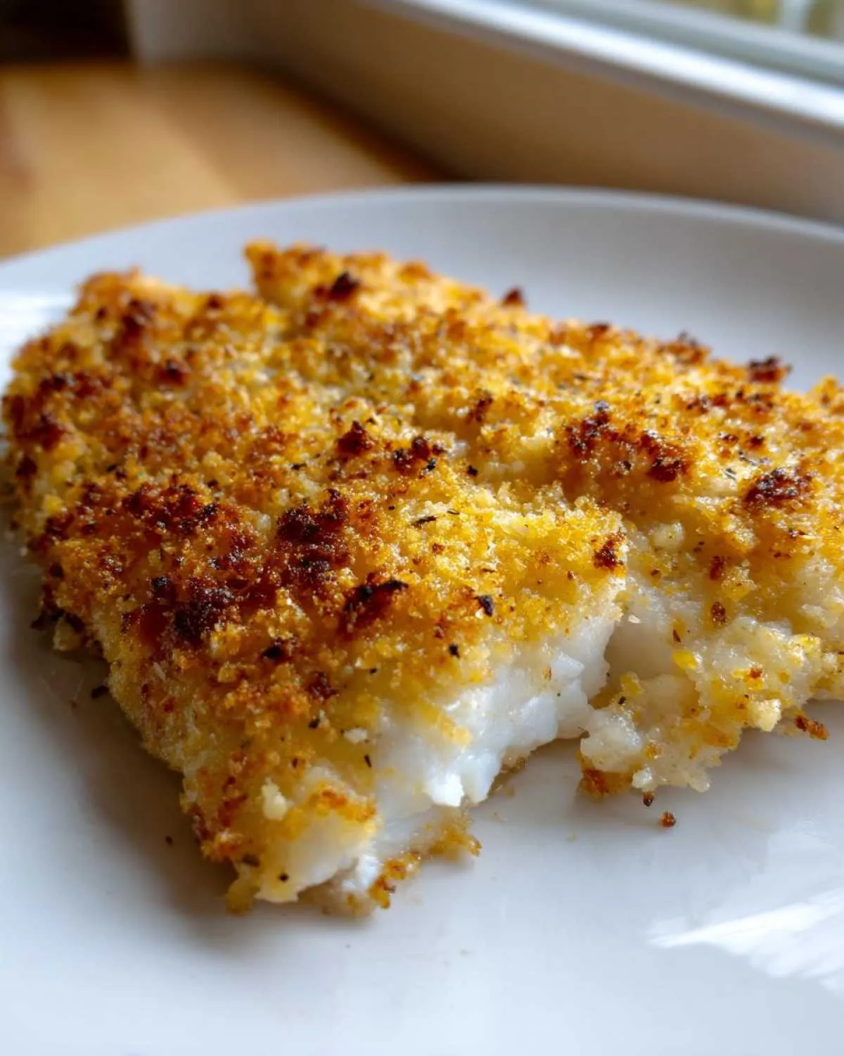 Close-up of a flaky, white parmesan crusted tilapia fillet with a golden-brown, crispy topping.