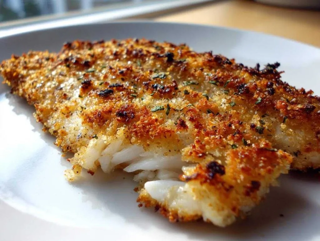 Close-up of a flaky, white fillet of parmesan crusted tilapia with a golden-brown, crispy topping.