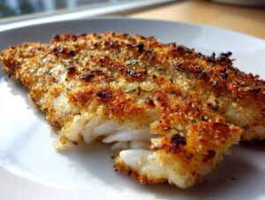 Close-up of a flaky, white fillet of parmesan crusted tilapia with a golden-brown, crispy topping.