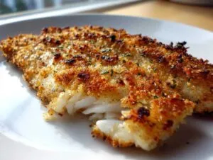 Close-up of a flaky, white fillet of parmesan crusted tilapia with a golden-brown, crispy topping.