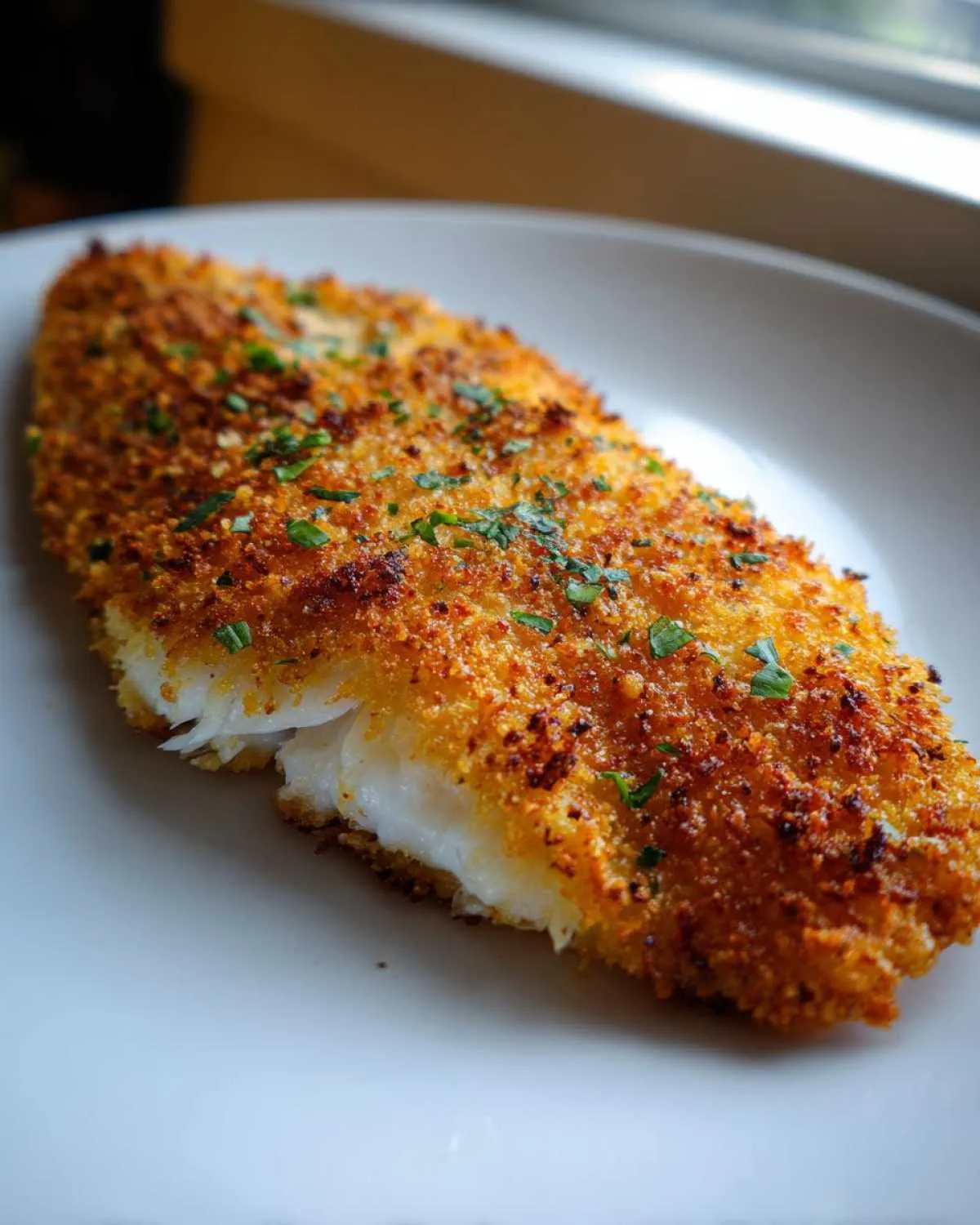 Close-up of a perfectly cooked parmesan crusted tilapia fillet, showing the flaky white fish inside and golden topping.