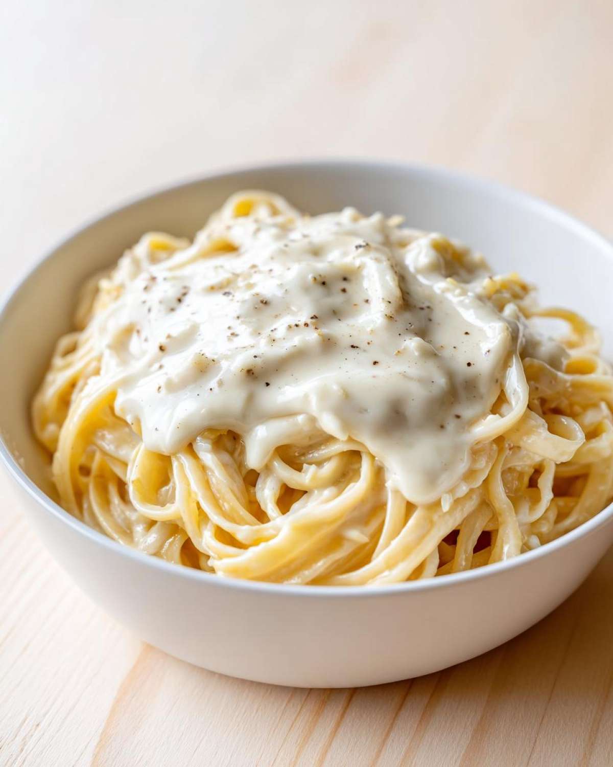 A white bowl filled with spaghetti generously topped with a thick, rich cream sauce and black pepper.