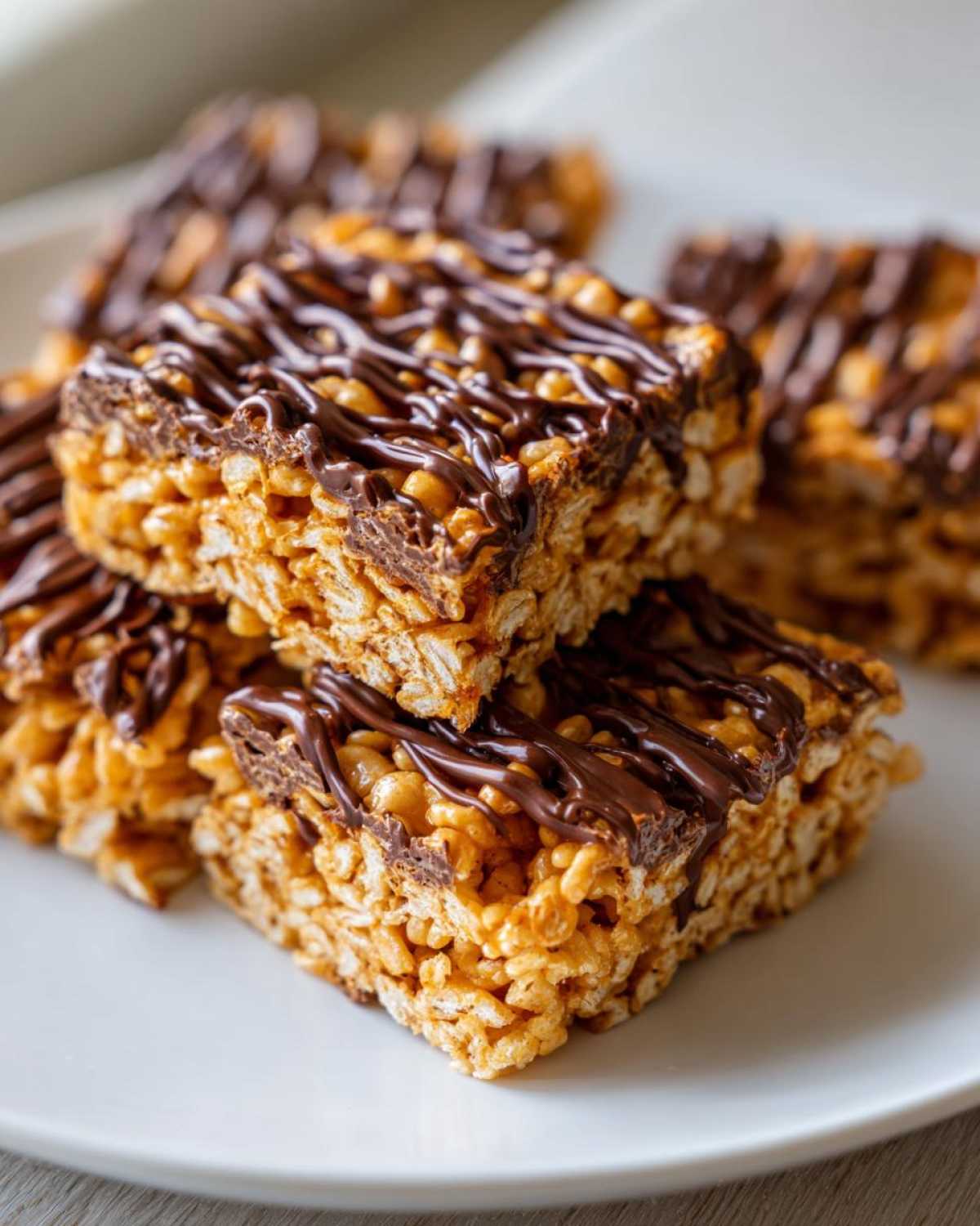 A stack of square peanut butter rice krispie treats topped with a generous chocolate drizzle.