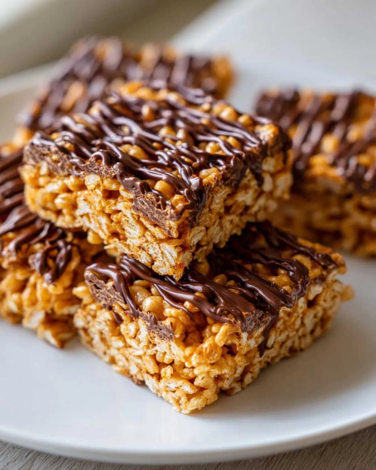 A stack of square peanut butter rice krispie treats topped with a generous chocolate drizzle.