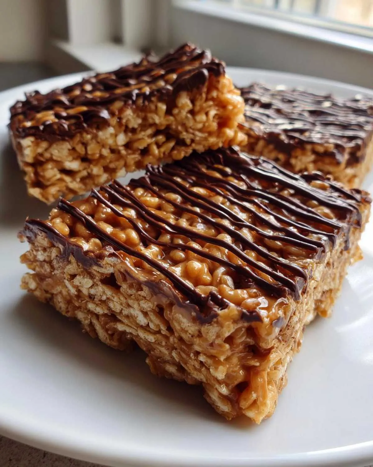Close-up of three thick peanut butter rice krispie treats squares drizzled with dark chocolate.