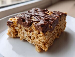 A single square of peanut butter rice krispie treats topped with a thick layer of melted chocolate drizzle.