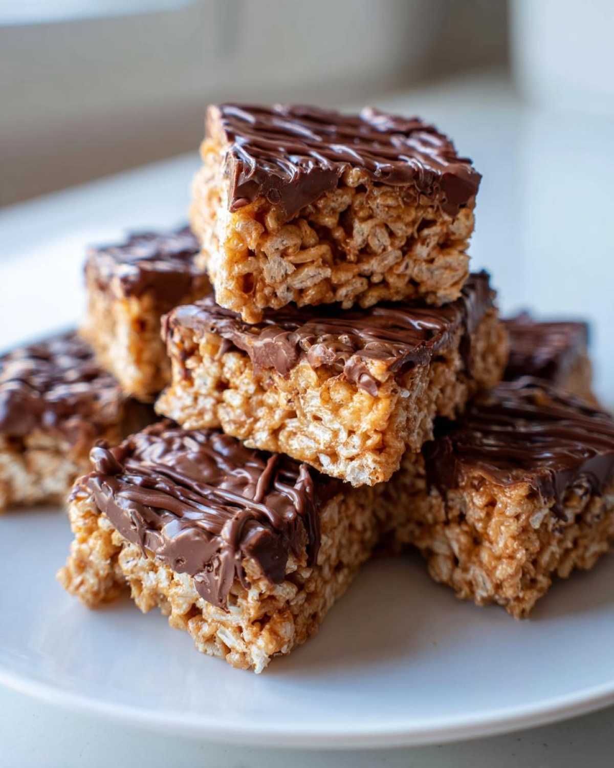 A stack of chewy peanut butter rice krispie treats topped with a rich chocolate drizzle, ready to eat.