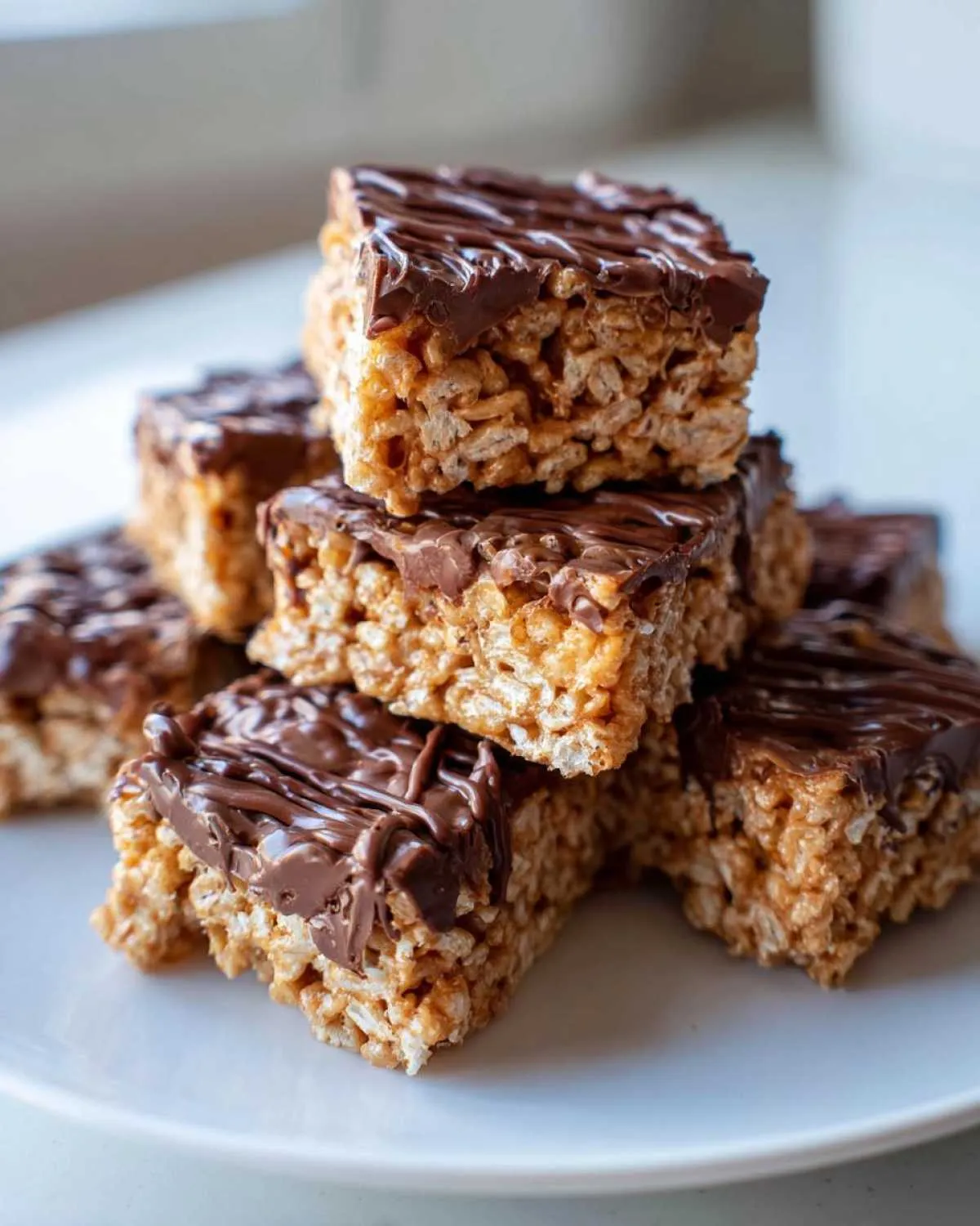 A stack of chewy peanut butter rice krispie treats topped with a rich chocolate drizzle, ready to eat.