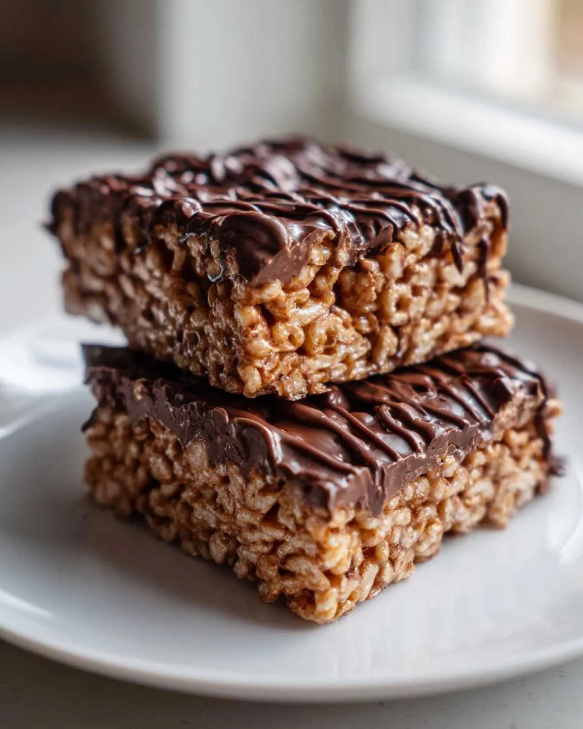 Two stacked peanut butter rice krispie treats topped with melted chocolate drizzle on a white plate.