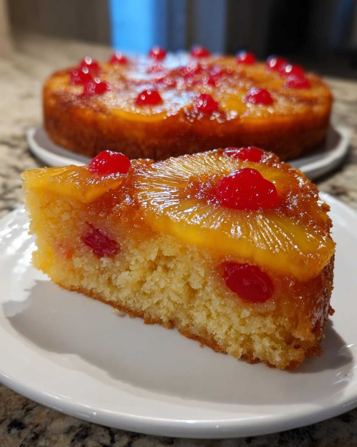 A slice of moist pineapple upside down cake topped with caramelized pineapple rings and maraschino cherries.