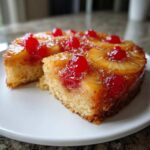 A close-up of a slice of pineapple upside down cake topped with caramelized pineapple rings and bright red maraschino cherries.