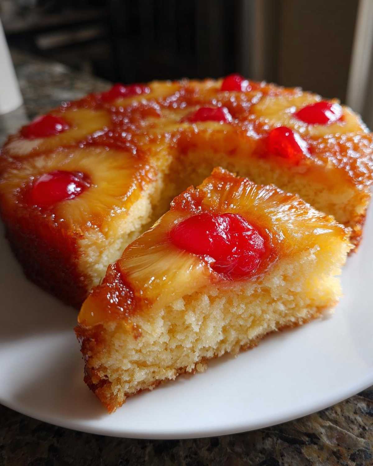 A slice of moist pineapple upside down cake topped with caramelized pineapple and a maraschino cherry.