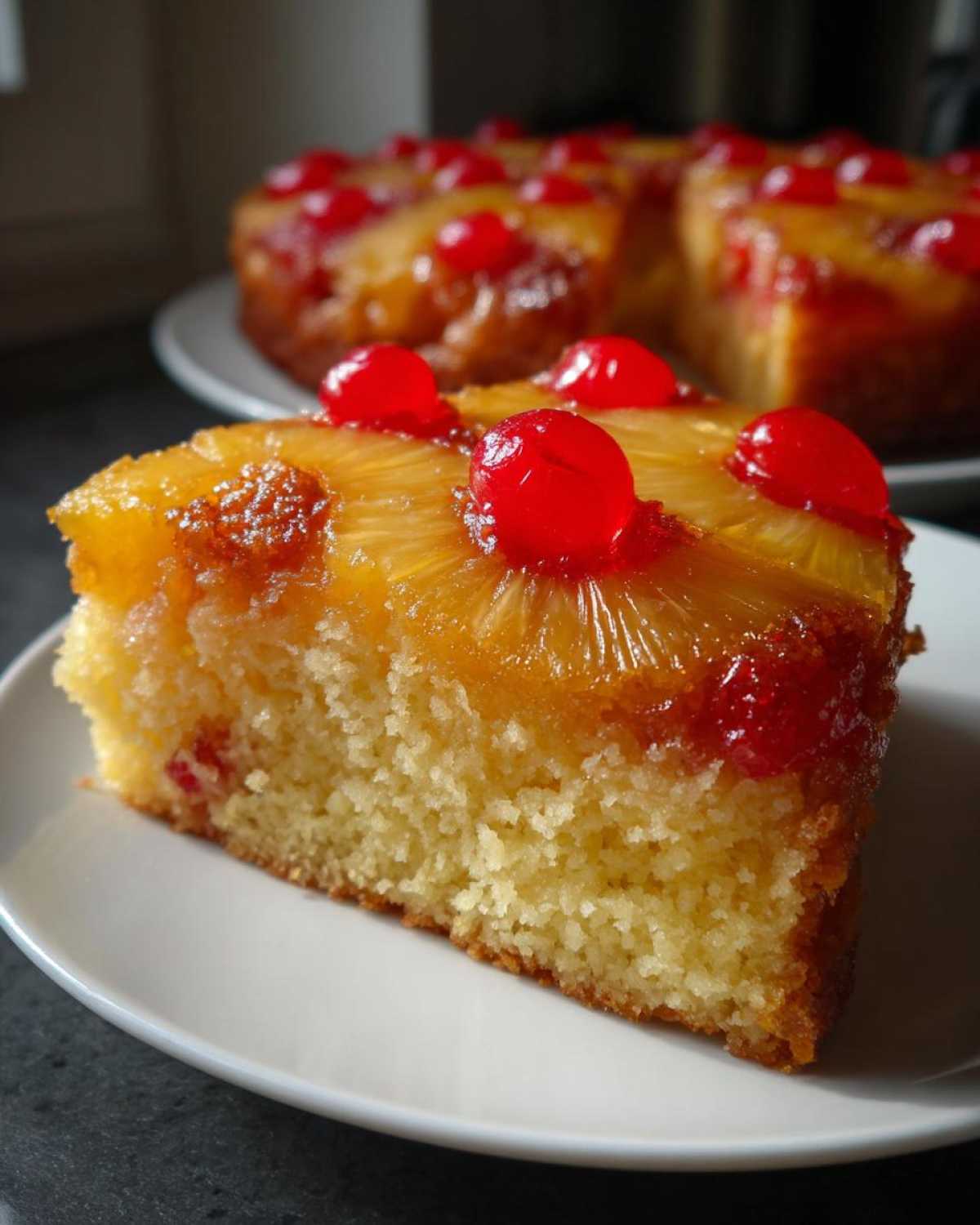 Close-up of a moist slice of pineapple upside down cake topped with caramelized pineapple rings and bright red maraschino cherries.