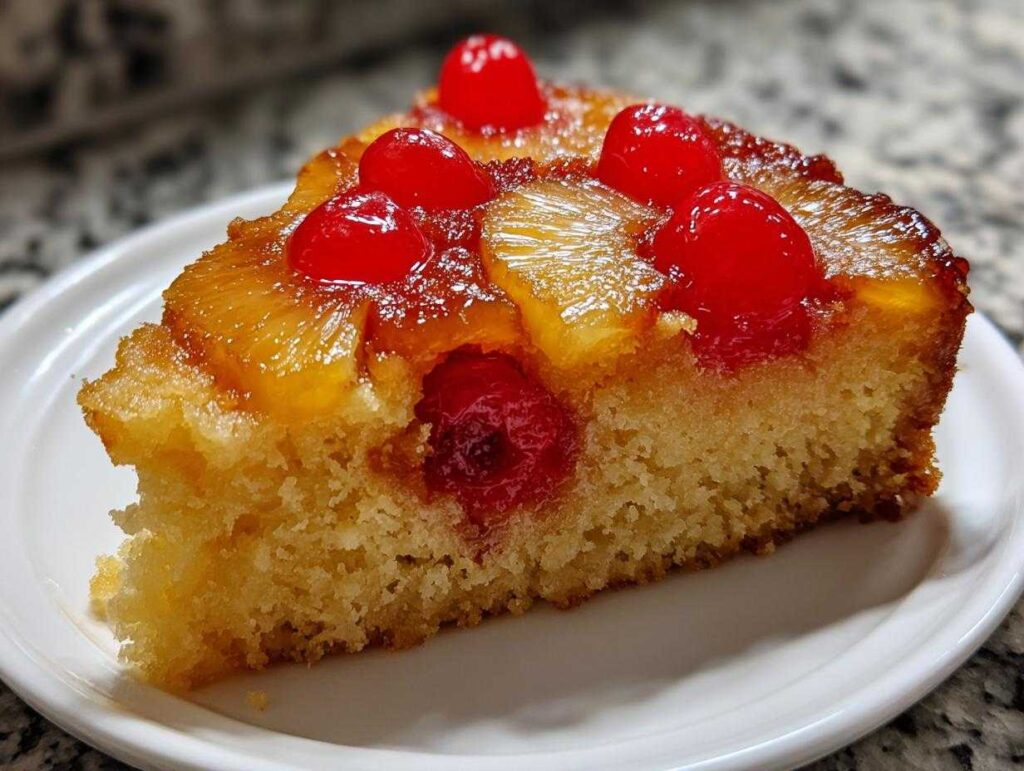 A close-up slice of moist pineapple upside down cake topped with caramelized pineapple rings and bright red maraschino cherries.