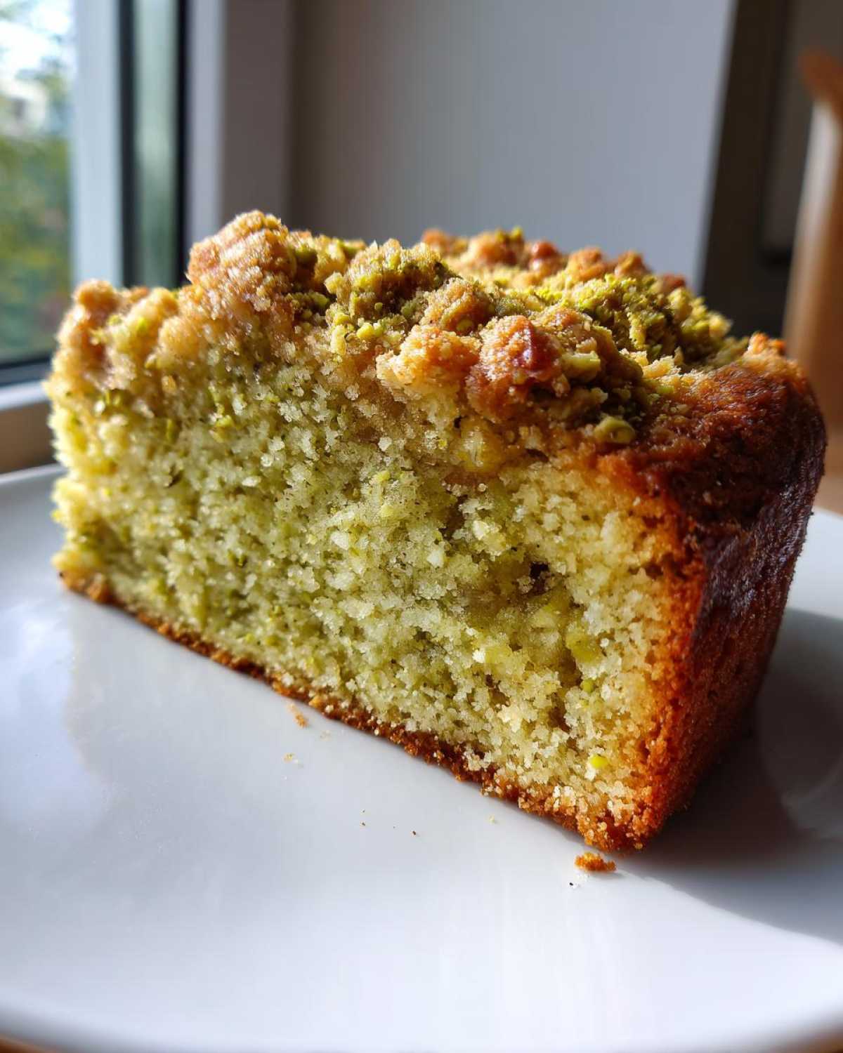 Close-up of a moist slice of pistachio coffee cake with a crunchy pistachio topping on a white plate.