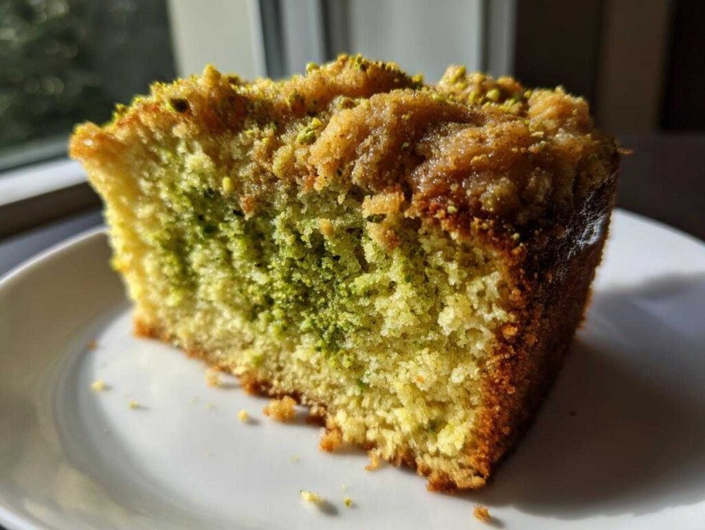Close-up of a moist slice of pistachio coffee cake showing green pistachio swirl and golden crumb topping.